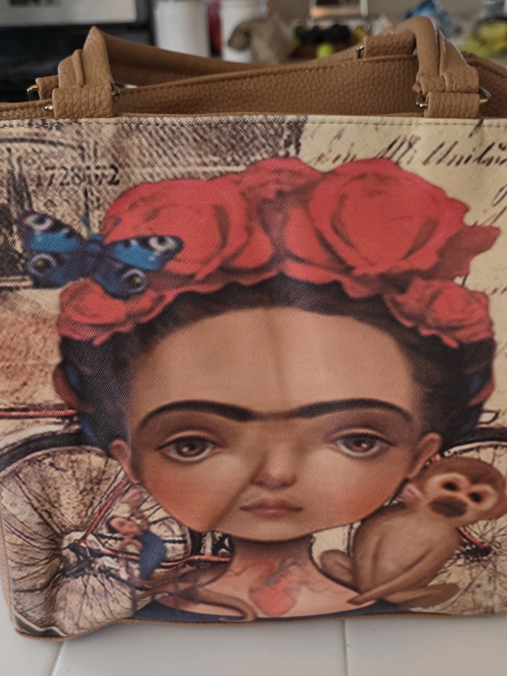 Frida-Inspired Brown Canvas Tote with Red Floral Accents